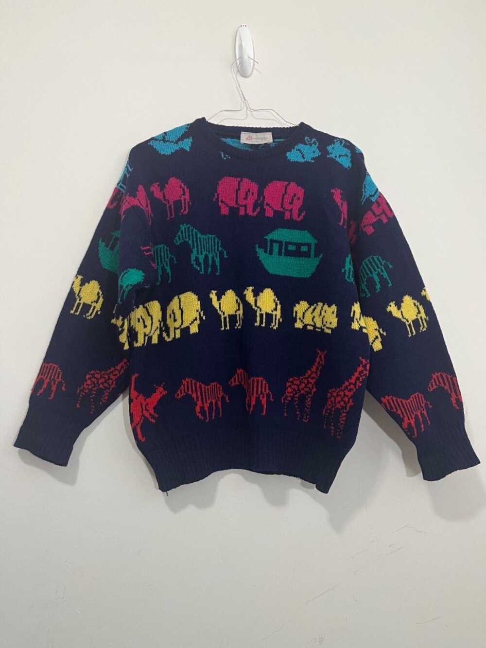 Vtg Pitlochry Shetland Wool Noah's Ark Animal Intarsia Novelty Sweater L Cottage
